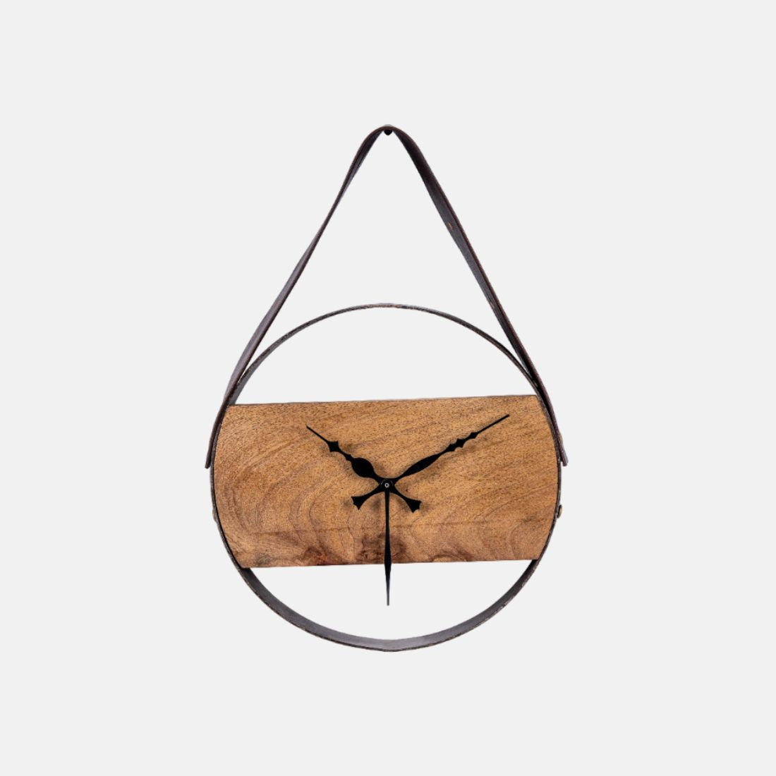 Acacia Wood With Sand Blasted Effect And Fine Leather Handle Wall Clock