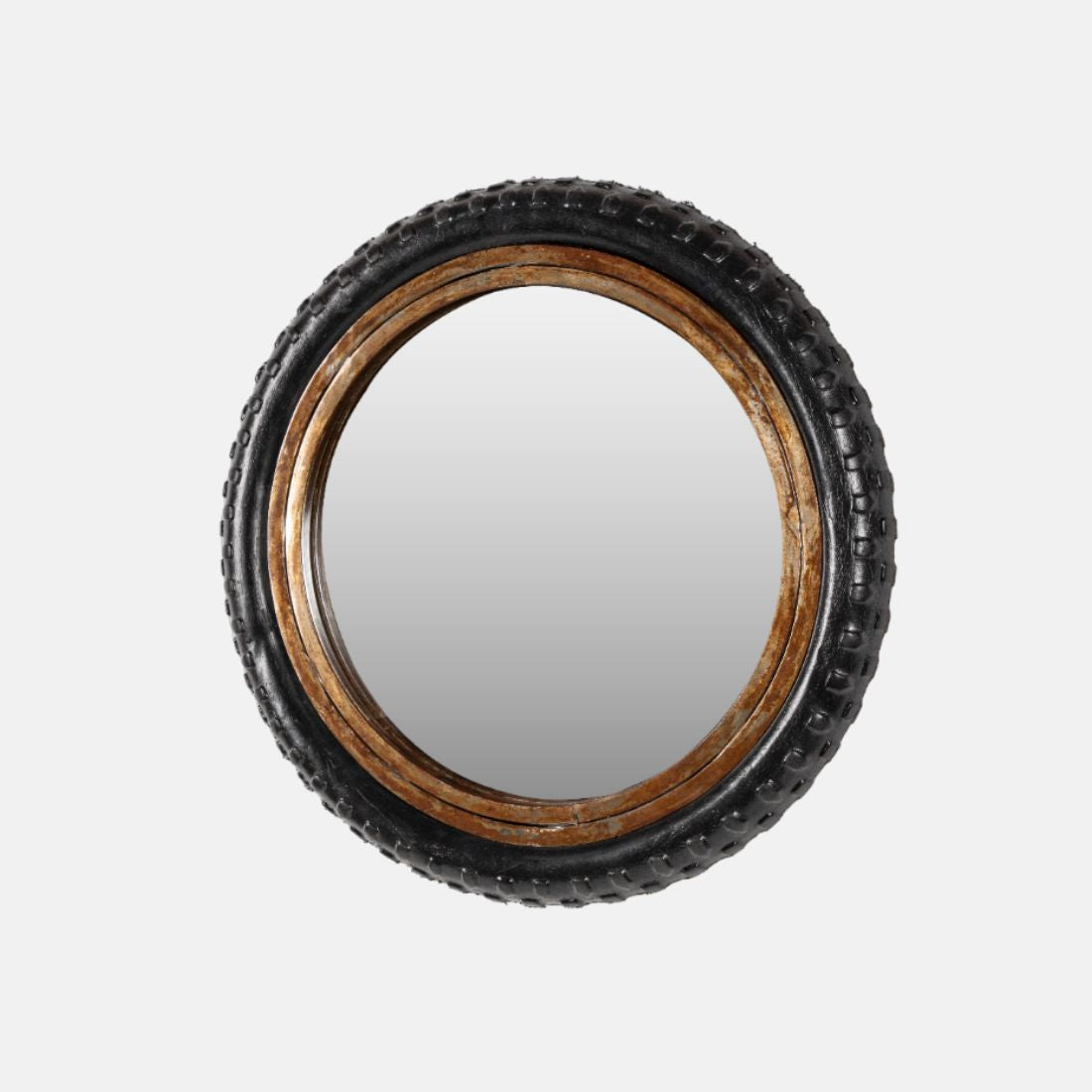 Wall Mount Mirror Madeup Of Small Bicycle Tyre With A Combination Of Rusty Look Metal