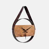 Acacia Wood With Sand Blasted Effect And Fine Leather Handle Wall Clock