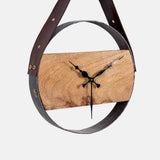 Acacia Wood With Sand Blasted Effect And Fine Leather Handle Wall Clock