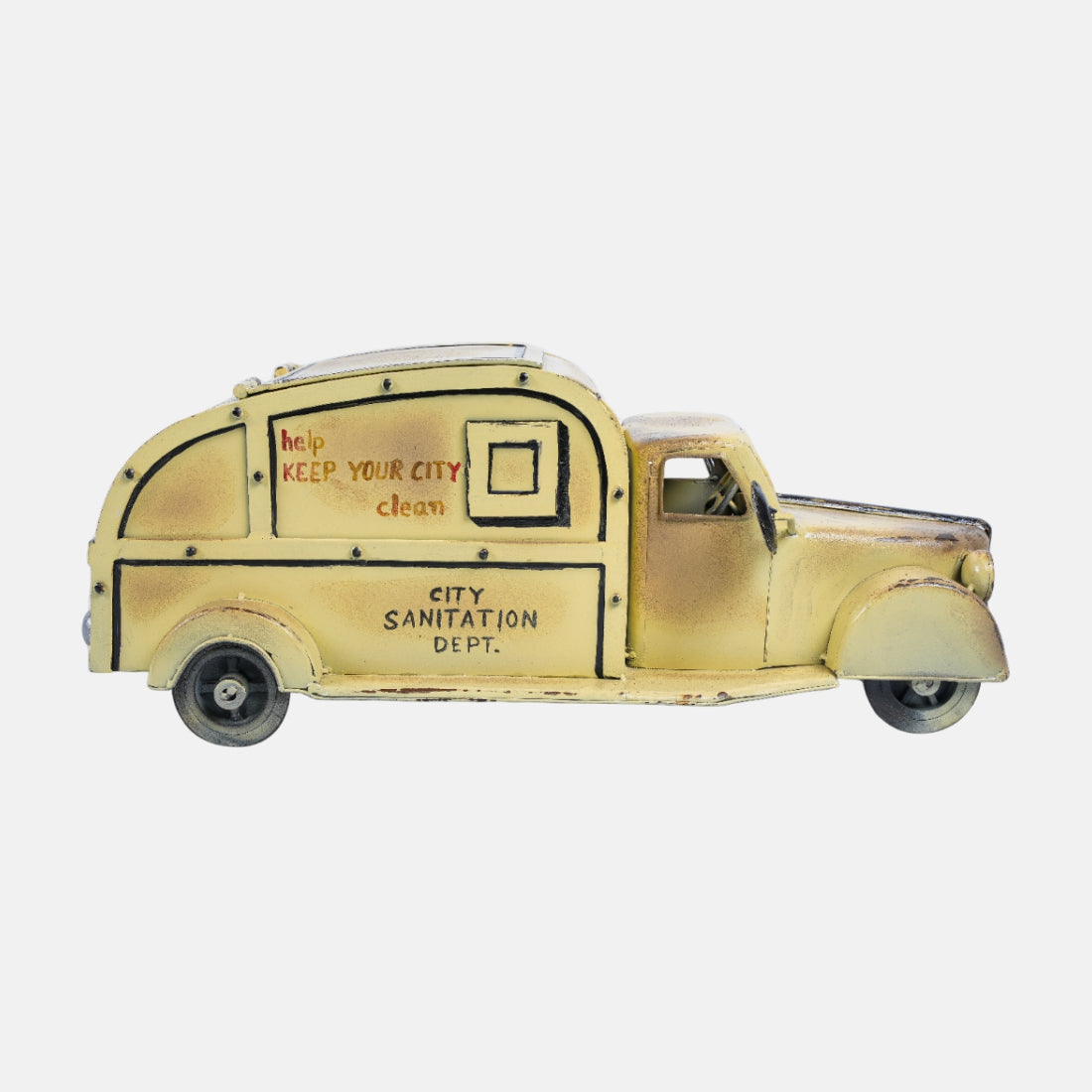 Vintage Distress White Metal Finish Garbage Truck Storage