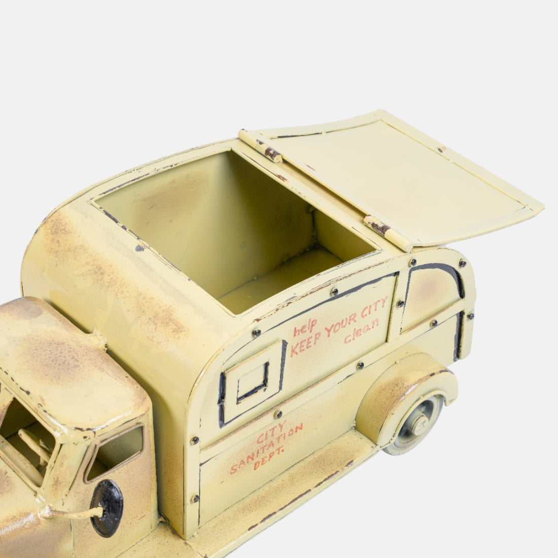 Vintage Distress White Metal Finish Garbage Truck Storage