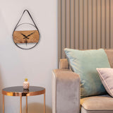 Acacia Wood With Sand Blasted Effect And Fine Leather Handle Wall Clock