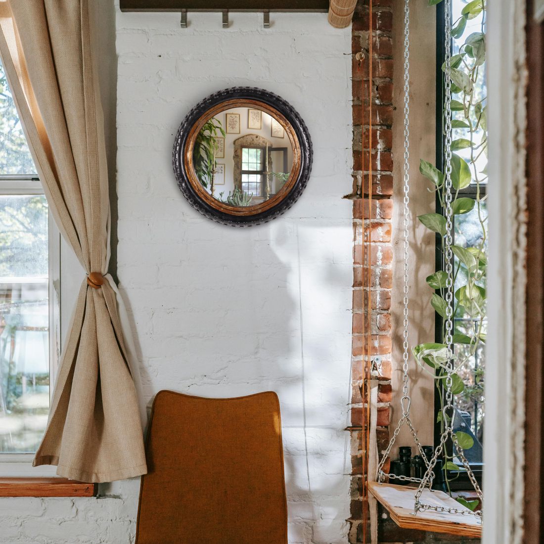 Wall Mount Mirror Madeup Of Small Bicycle Tyre With A Combination Of Rusty Look Metal