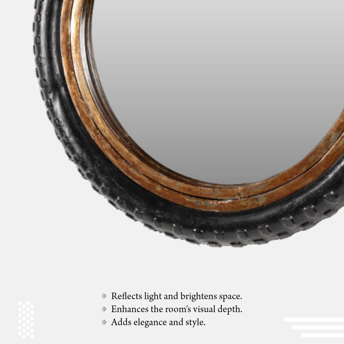 Wall Mount Mirror Madeup Of Small Bicycle Tyre With A Combination Of Rusty Look Metal